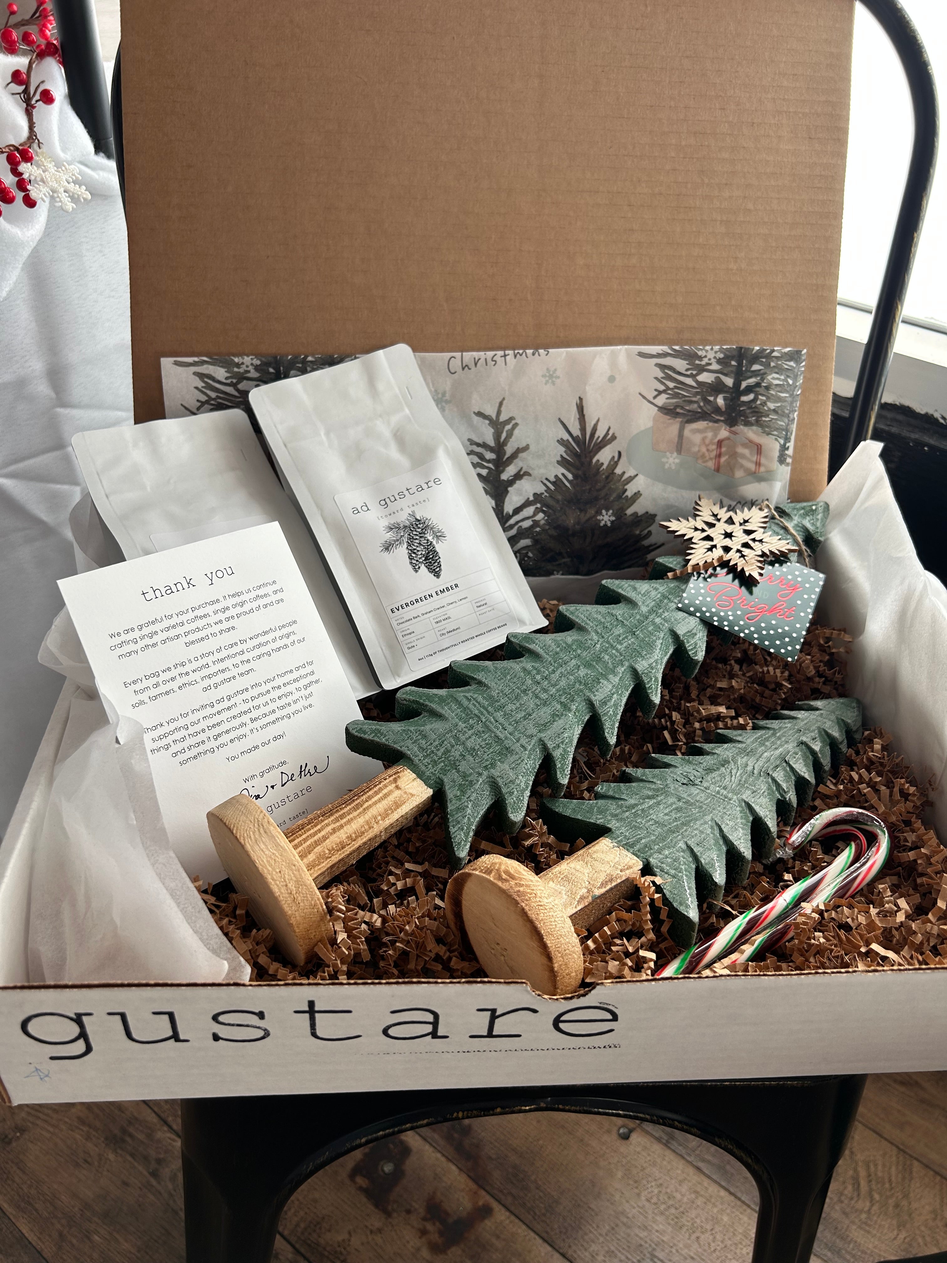 Woodland Evergreen Decorative Trees with Evergreen Ember Coffee, and Merry & Bright Coffee Gift Box
