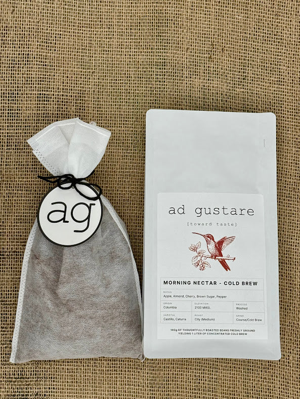 ad gustare Morning Nectar Cold brew sachet bag on textured background